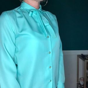 Vintage aqua blue pussy bow button down blouse